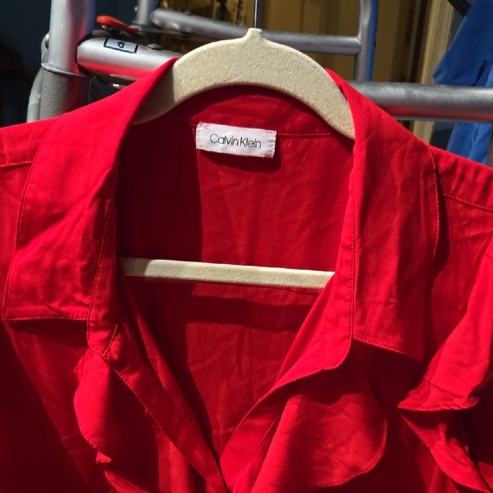 Calvin Klein Vibrant Red Ruffled Button-Up Sleeveless Shirt